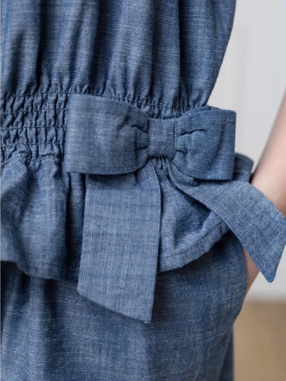 Toddler Blue Chambray Ruffle Romper with Bow